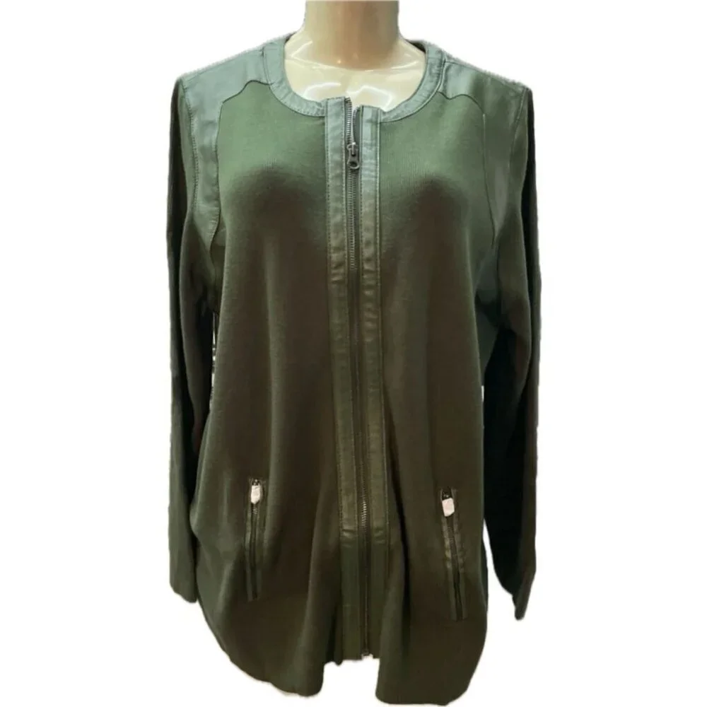 Jessica London 2X Green Zip Leather Detail Pockets Long Sleeve Sweater Shacket